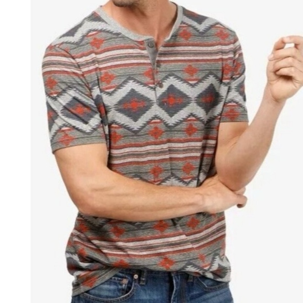 Men's Grey & Red Tribal Henley Short Sleeve Shirt